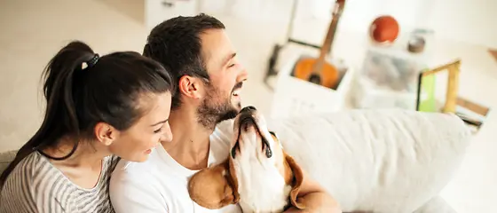Ein Paar mit Hund sitzt glücklich auf dem Sofa ihrer Wohnung.