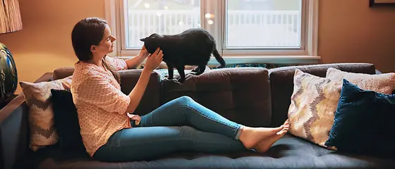 Braucht man eine Katzenversicherung? Eine Frau sitzt auf der Couch mit ihrer Katze, die durch eine Krankenversicherung sinnvoll abgesichert ist.